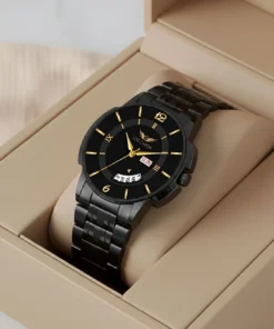 LOIS CARON Black Dial Gold Marker Day & Date Functioning Long Life Black Plated Chain Analog Watch