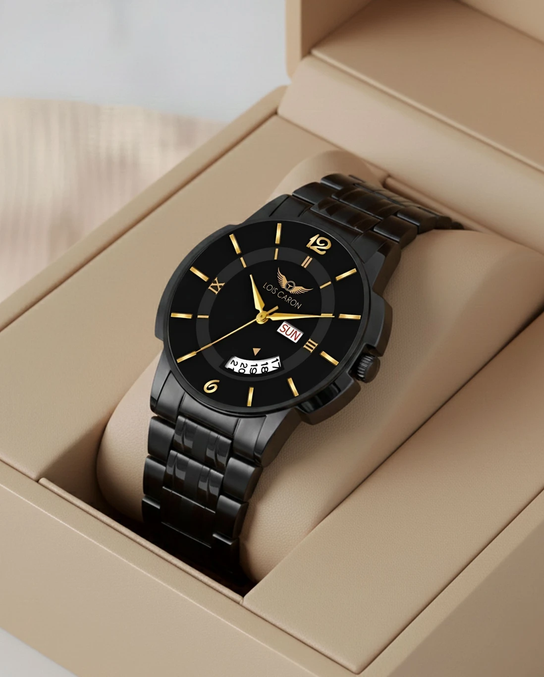LOIS CARON Black Dial Gold Marker Day & Date Functioning Long Life Black Plated Chain Analog Watch
