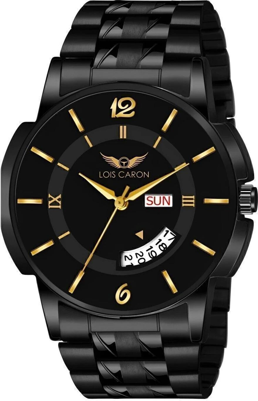 LOIS CARON Black Dial Gold Marker Day & Date Functioning Long Life Black Plated Chain Analog Watch - Image 2