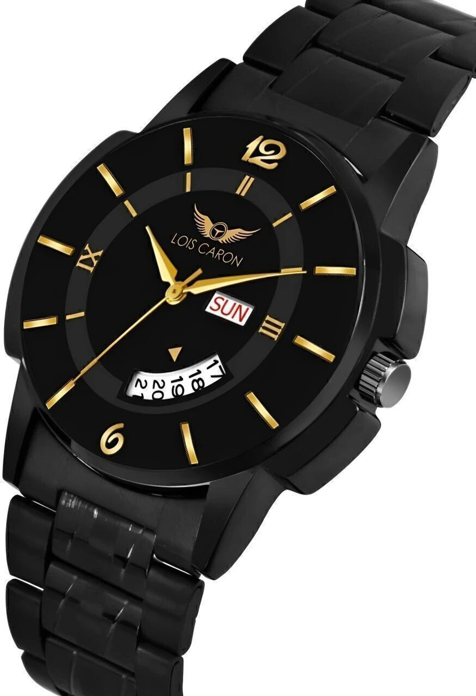 LOIS CARON Black Dial Gold Marker Day & Date Functioning Long Life Black Plated Chain Analog Watch - Image 3