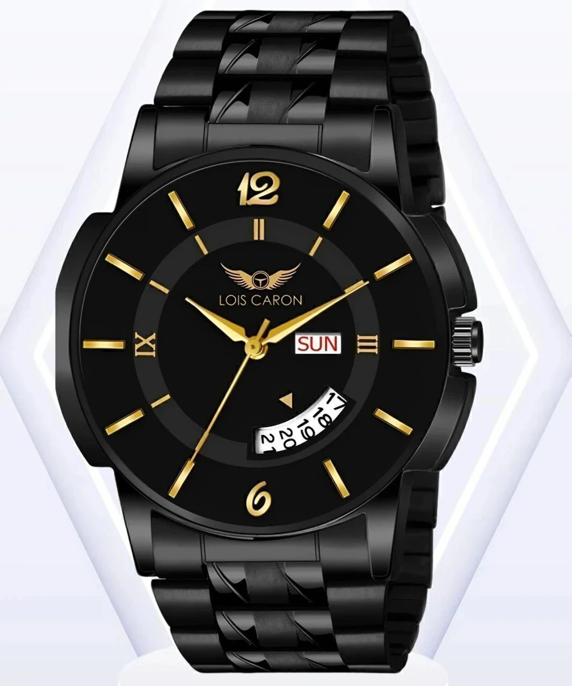 LOIS CARON Black Dial Gold Marker Day & Date Functioning Long Life Black Plated Chain Analog Watch - Image 4