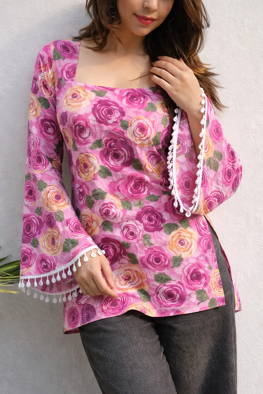 AOSLY Pack of 2 Casual Bell Sleeves Floral Print, Printed Women Pink, Blue Top - Image 3