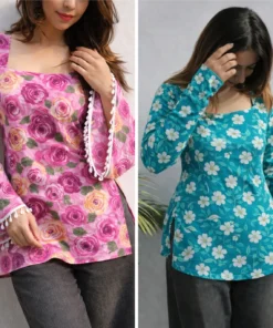 AOSLY Pack of 2 Casual Bell Sleeves Floral Print, Printed Women Pink, Blue Top