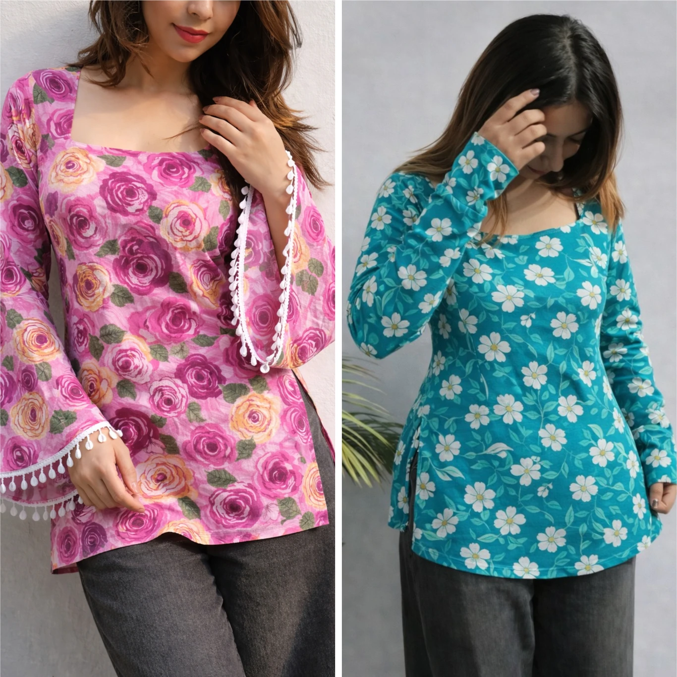 AOSLY Pack of 2 Casual Bell Sleeves Floral Print, Printed Women Pink, Blue Top