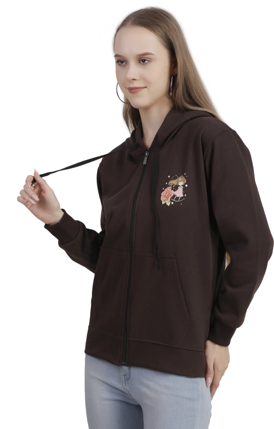 Priyansh Enterprises Women Printed Hooded Neck Brown Sweater - Image 2