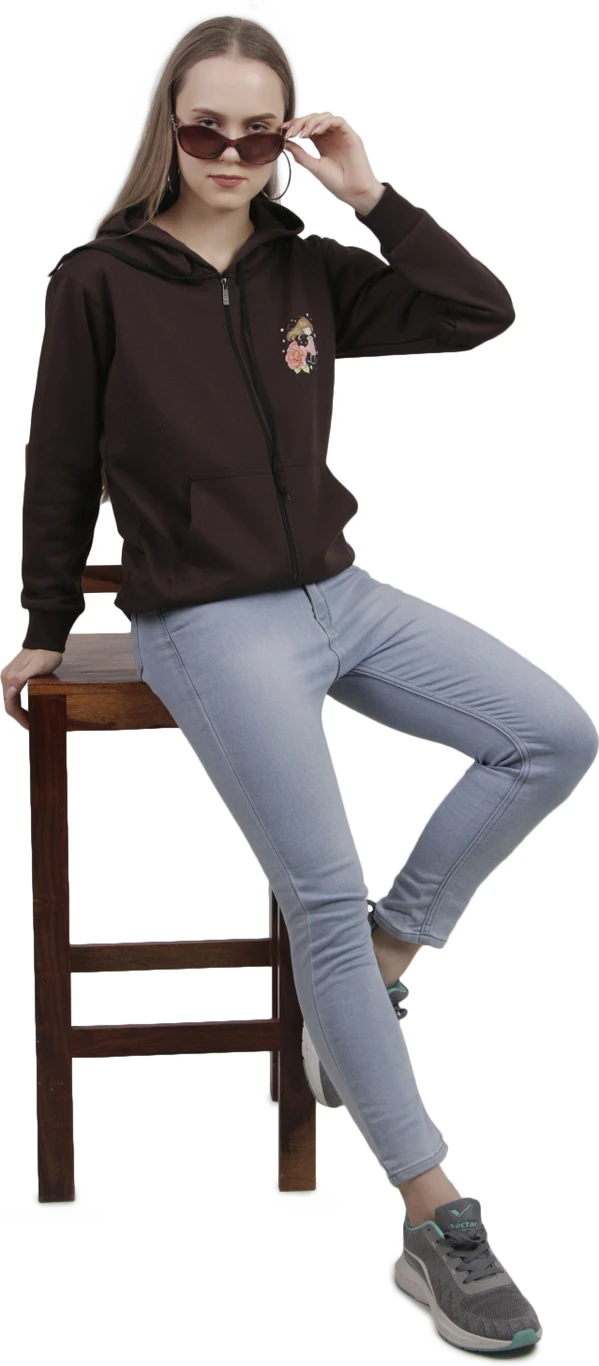Priyansh Enterprises Women Printed Hooded Neck Brown Sweater - Image 3