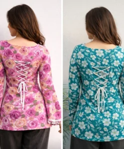 Alternative view of AOSLY Pack of 2 Casual Bell Sleeves Floral Print, Printed Women Pink, Blue Top