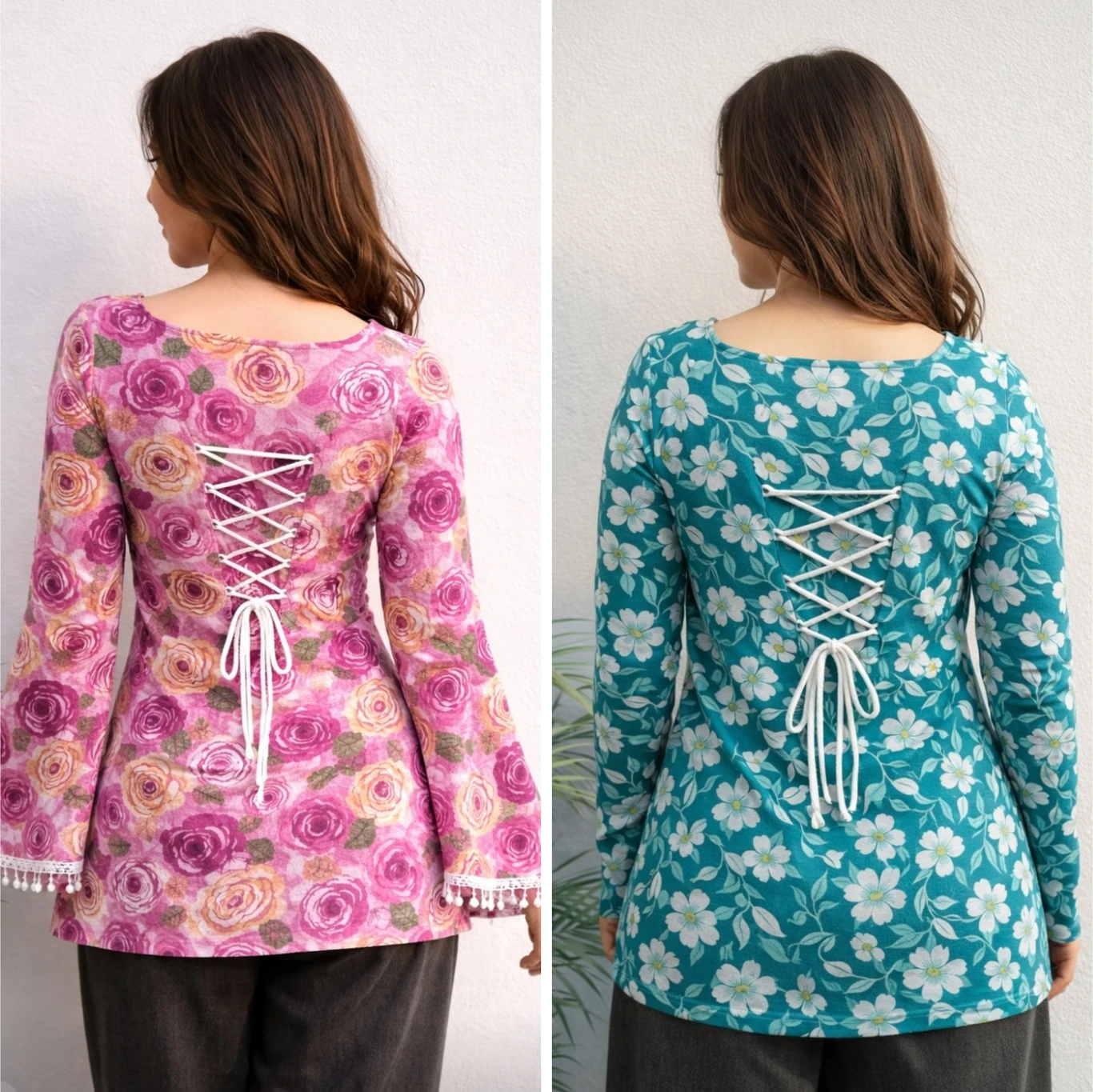 AOSLY Pack of 2 Casual Bell Sleeves Floral Print, Printed Women Pink, Blue Top - Image 2