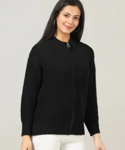 WOOLBERRY Women Self Design High Neck Black Sweater