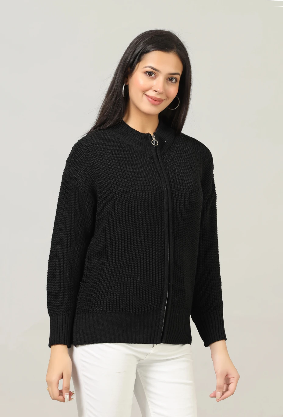 WOOLBERRY Women Self Design High Neck Black Sweater