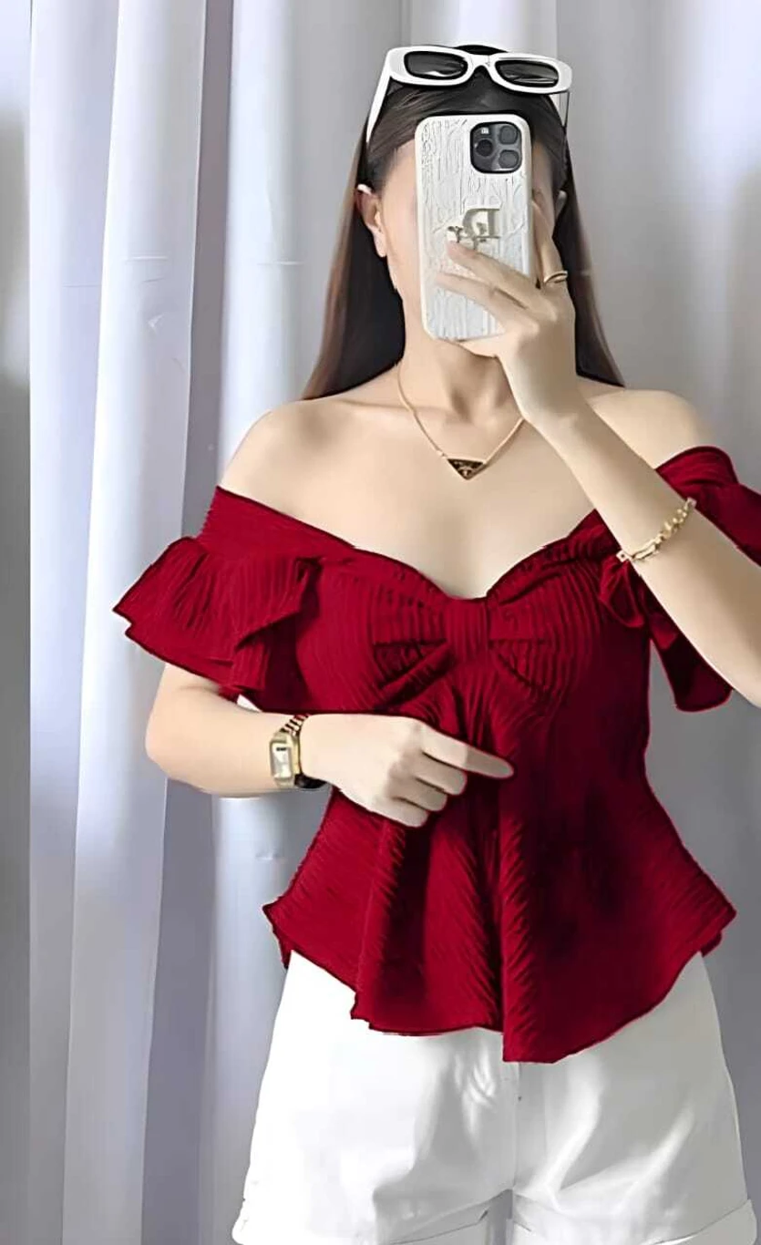 Tooba enterprises Casual Puff Sleeves Solid Women Maroon Top - Image 3