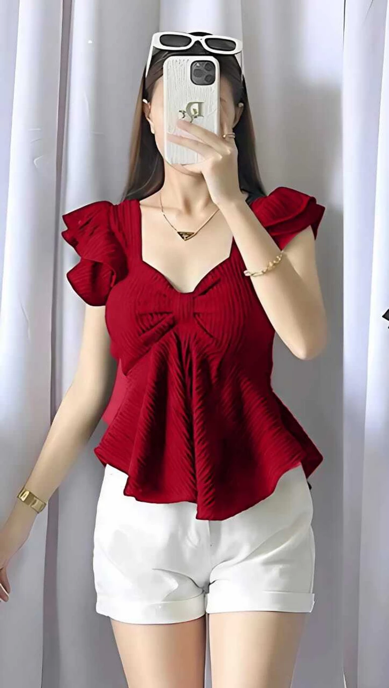 Tooba enterprises Casual Puff Sleeves Solid Women Maroon Top