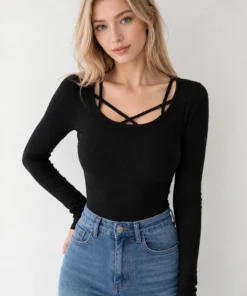 HASTAF Casual Regular Sleeves Solid Women Black Top
