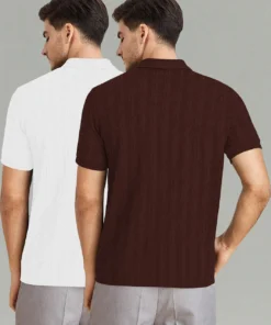 Alternative view of KAJARU Pack of 2 Men Self Design Zip Neck Polyester Brown, White T-Shirt