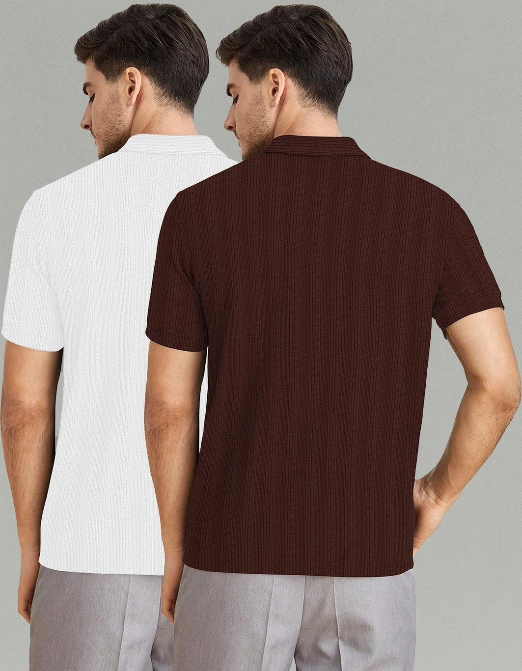 KAJARU Pack of 2 Men Self Design Zip Neck Polyester Brown, White T-Shirt - Image 2