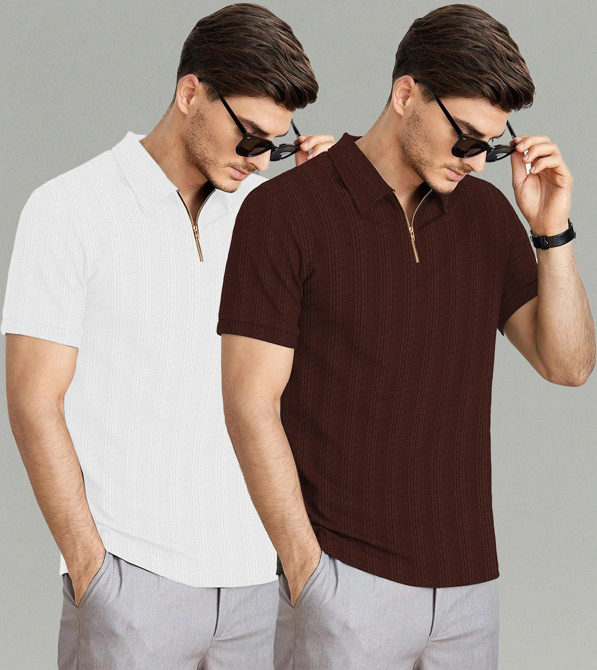KAJARU Pack of 2 Men Self Design Zip Neck Polyester Brown, White T-Shirt - Image 4