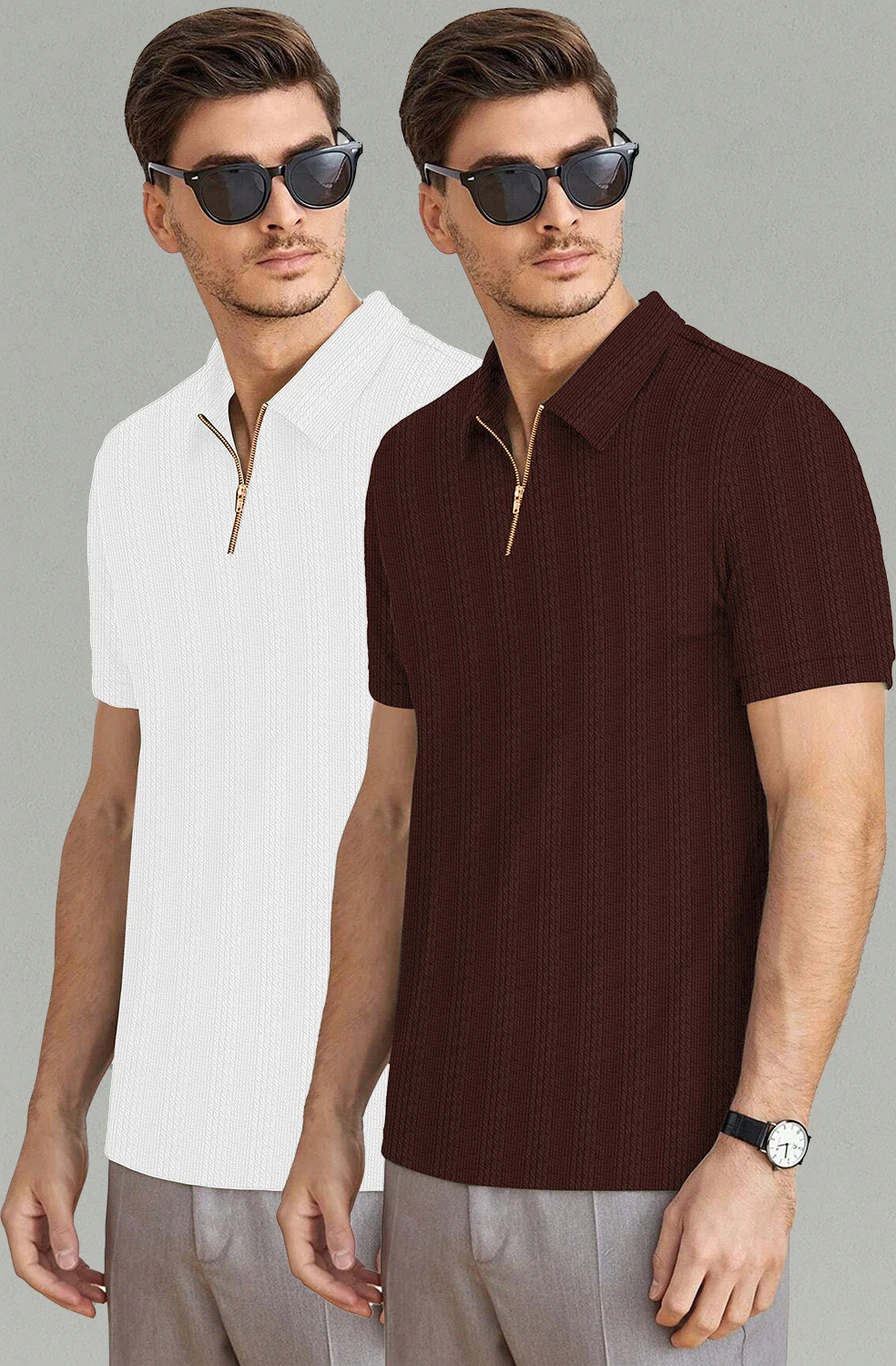 KAJARU Pack of 2 Men Self Design Zip Neck Polyester Brown, White T-Shirt - Image 3